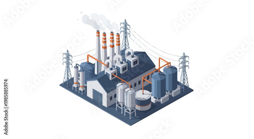 Isometric illustration of an industrial complex or power plant. Features buildings, smokestacks, storage tanks, and power lines. Represents energy production and manufacturing