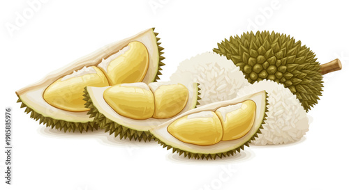 Detailed digital illustration of a durian fruit, halved to reveal its creamy yellow segments, set against a clean white background, capturing its unique texture and form with vibrant colors
