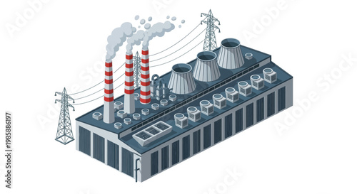 Industrial power plant with cooling towers and smoking chimneys, representing energy generation and industrial infrastructure
