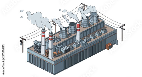 Isometric view of a large industrial power plant with cooling towers emitting steam, electricity pylons, and transmission lines, representing energy production and heavy industry infrastructure