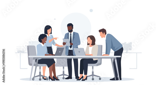 This vector illustration depicts a diverse group of corporate professionals collaborating around a desk in a modern office environment.