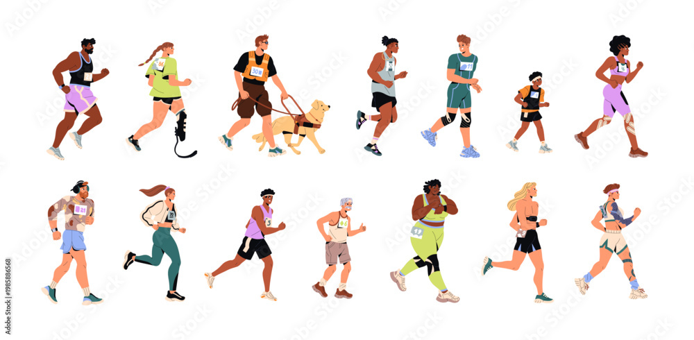 Obraz premium Set of running people. Joggers and athletes with disabilities are jogging. Diverse runners are training. Men, women and kids do sports side view. Flat isolated vector illustrations on white background