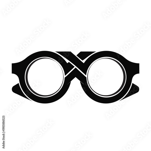 Minimalist vector icon of stylized eyeglasses with an 'X' shaped connection, representing optical care, vision correction, and ophthalmology diagnostics, perfect for medical or science-related designs