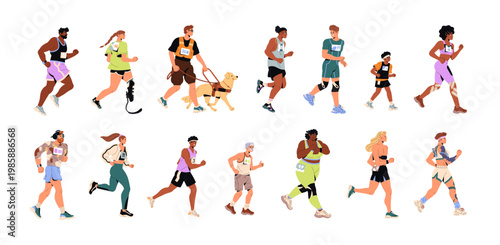 Set of running people. Joggers and athletes with disabilities are jogging. Diverse runners are training. Men, women and kids do sports side view. Flat isolated vector illustrations on white background