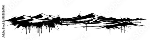 Desert dunes and mountain peaks with artistic ink splatter and paint drips in grunge style