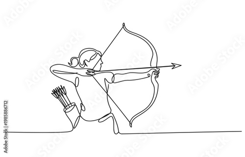 One line drawing of a woman archer aiming a bow and arrow with line art continuous competition recreation activity shooting concentration precision illustration minimalist traditional