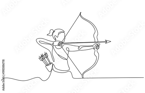 One line drawing of a woman archer aiming a bow and arrow with line art continuous competition recreation activity shooting concentration precision illustration minimalist traditional