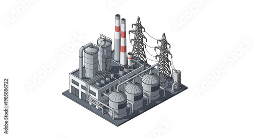 Isometric industrial power plant illustration with factory buildings, smokestacks, storage tanks, and electricity transmission towers, symbolizing energy and infrastructure