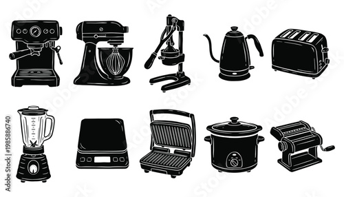 Kitchen appliance icons in black silhouette style for modern culinary branding and cafe decor