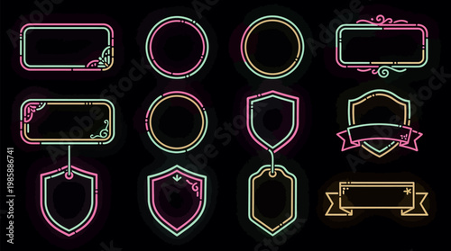 Neon frames set, glowing outline pastel colorful border collection. Minimal illuminated shield circle and rectangle shapes kit. Elegant retro empty banner, badge, insignia decor. Neon frame emblem.