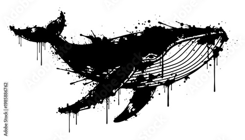 Whale swimming in ocean with ink splatters and dripping paint style