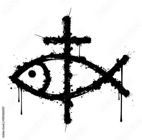 Christian fish symbol with cross in grungy paint drip style