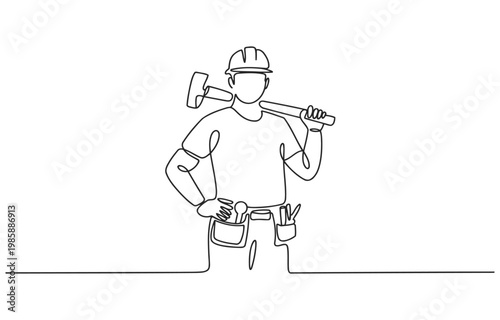 One line drawing of a construction worker holding a sledgehammer with single line construction sledgehammer industry profession illustration minimalist equipment strength building protective