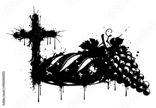 Christian cross bread and bunch of grapes with ink splatters in grunge style