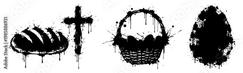 Easter basket cross loaf of bread and egg icons with ink splatters in grunge style