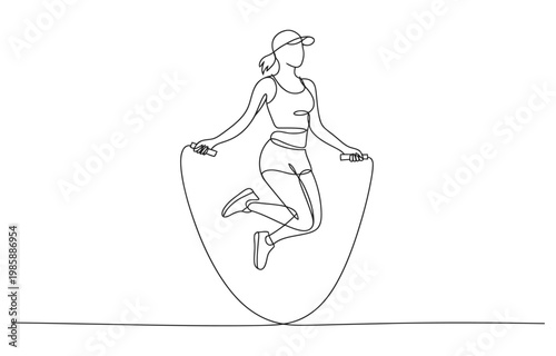 Single continuous line drawing young sportive woman train jumping with skipping rope in sport.