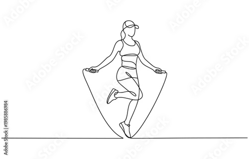 Single continuous line drawing young sportive woman train jumping with skipping rope in sport.