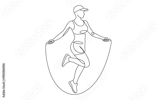 Single continuous line drawing young sportive woman train jumping with skipping rope in sport.
