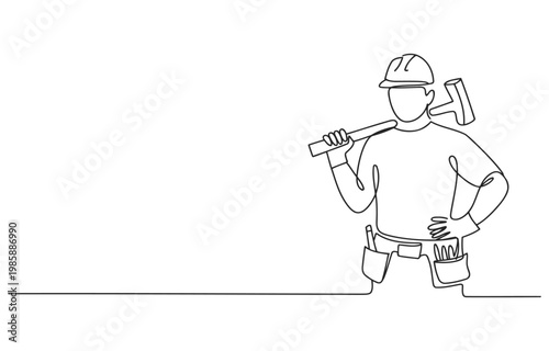 One line art of a construction worker holding a hammer with single line construction sledgehammer industry profession illustration minimalist equipment strength building occupational