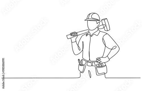 One line drawing of a construction worker with sledgehammer on shoulder single line construction sledgehammer industry profession illustration minimalist equipment strength building