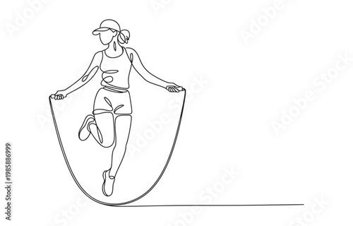 Single continuous line drawing young sportive woman train jumping with skipping rope in sport.