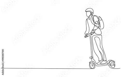 Single line drawing of a person riding an electric scooter with a backpack line art one young adult personal transport eco friendly outdoor activity leisure activity sport