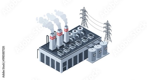 Industrial power plant with cooling towers and electrical transmission lines, symbolizing energy production and distribution for a modern economy