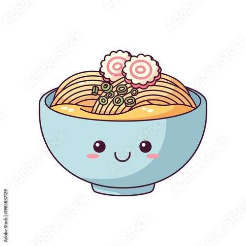 Cartoon bowl of ramen noodles smiling.