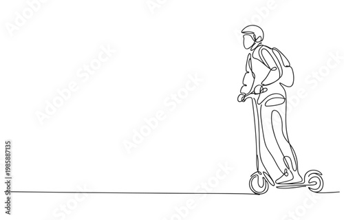 Single line drawing of a person riding an electric scooter with a backpack line art one young adult personal transport eco friendly outdoor activity leisure activity sport