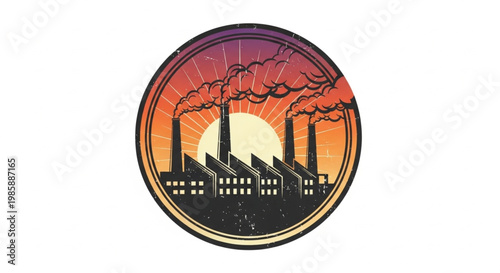 Retro Industrial Factory Silhouette with Smoking Chimneys at Sunset