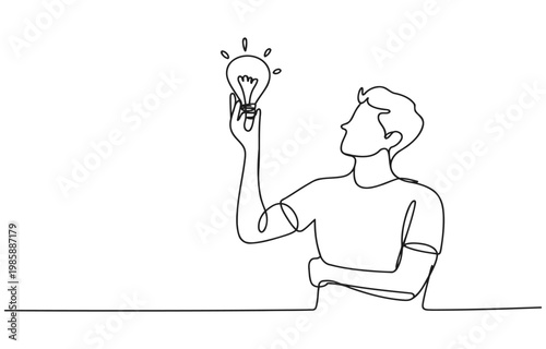 Man holding a glowing light bulb concept of idea generation single line white background inspiration creativity generation illustration thinking brainstorming solution innovation discovery