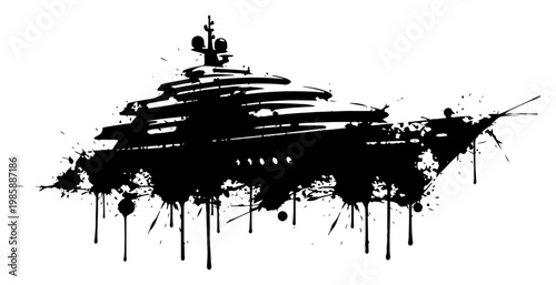Luxury yacht sailing on water with ink splatters and dripping paint style