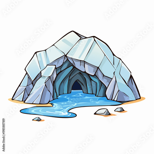 Stylized illustration of an icy cave entrance with flowing water and surrounding rocks.
