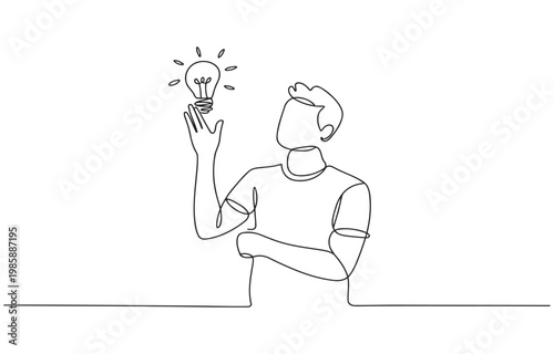 Man holding a glowing light bulb concept of idea generation single line white background inspiration creativity generation illustration thinking brainstorming solution innovation discovery