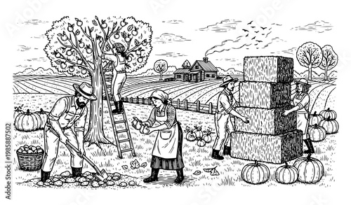 A black and white illustration of people harvesting crops on a farm