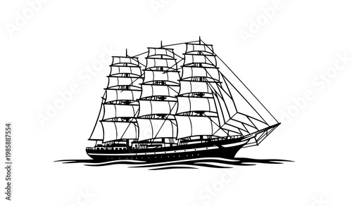 A black and white vector illustration of a sailing ship on the water