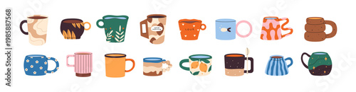 Set of different modern cups. Ceramic mugs with various designs of prints and patterns. Cute pottery teacups for drinking coffee and tea. Flat isolated vector illustrations on white background