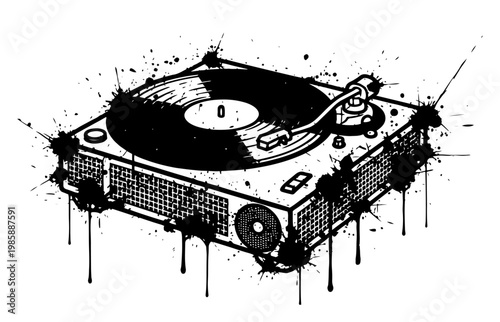 Record player turntable silhouette with artistic ink splatters in grunge style