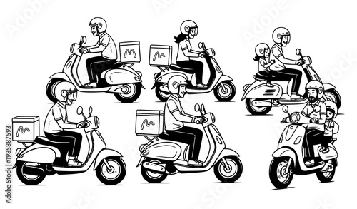 A set of black and white illustrations of people riding scooters with delivery boxes