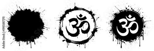 Om yoga symbols and spiritual meditation signs with artistic ink splatters and dripping paint