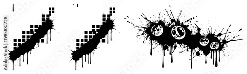 Pixelated digital brush strokes and monster eyeballs with messy ink splatters and paint drips