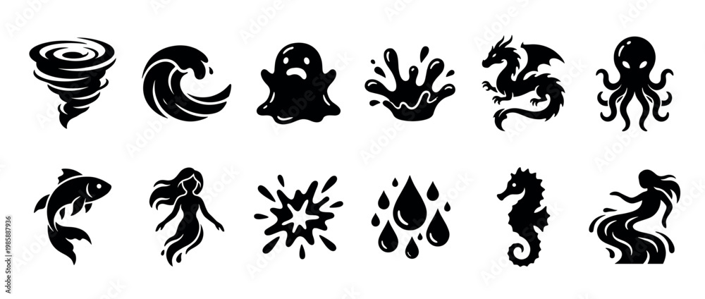 Fototapeta premium Water elements and mythical creatures vector icons set, featuring various natural phenomena and fantasy beings in a clean, modern silhouette style.