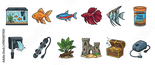 Aquarium fish and essential accessories including tank, food, filter, heater, and decorative elements for pet care hobby.