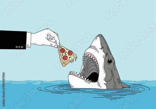 Businessman Hand Feeding Pepperoni Pizza Slice to a Great White Shark Illustration, Creative Corporate Risk and Danger Business Metaphor Concept
