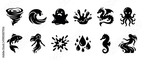 Water elements and mythical creatures vector icons set, featuring various natural phenomena and fantasy beings in a clean, modern silhouette style.