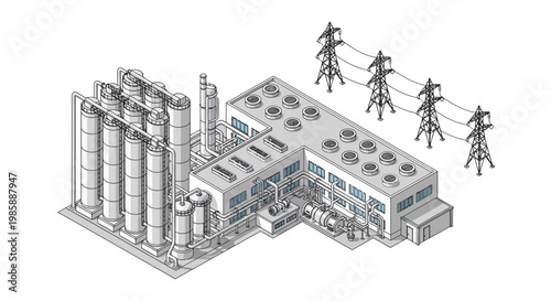 Industrial power plant with cooling towers and transmission lines, representing energy production and distribution in a modern industrial complex