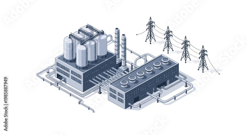 Industrial power plant with cooling towers and transmission lines, illustrating energy production and distribution for industrial complexes