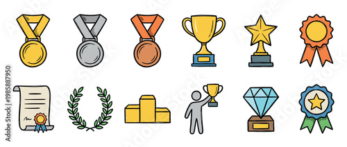 Awards, trophies, and medals collection in a hand-drawn doodle style representing success, victory, and achievement in sports or business.