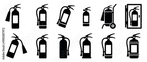 Fire extinguishers icons set showing various types of emergency fire suppression equipment for safety and protection.