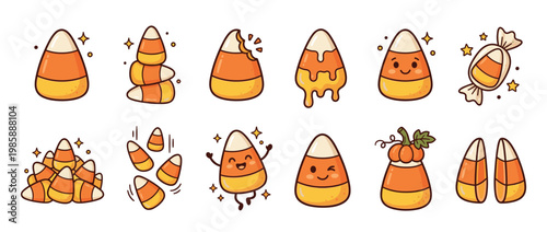 Candy corn illustrations featuring a cute cartoon collection of sweet Halloween treats with various expressions and styles.